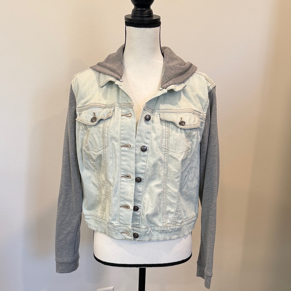 Jessica Simpson Faded Denim Jacket with Gray Sleeves and Hood Size Large